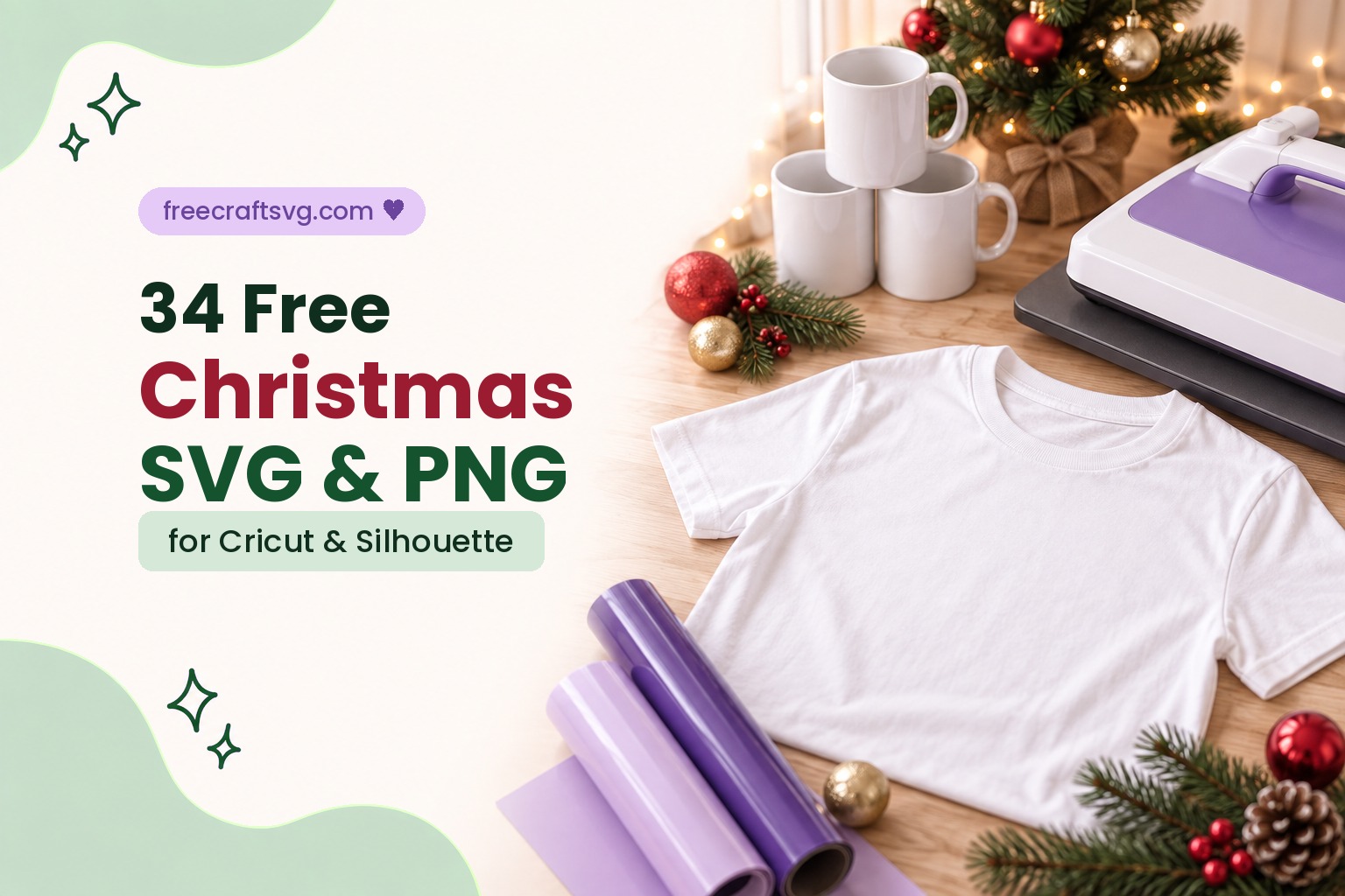 Free Christmas SVG and PNG files for Cricut and Silhouette - blank white shirt, mugs, heat press and vinyl on a Christmas crafting desk